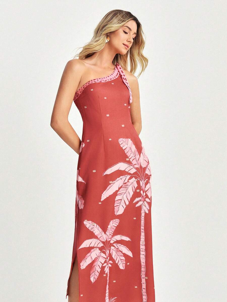 CAJUNI 女士休闲度假红色椰子树印花不对称肩部中长连衣裙 - 约会装 - 外出 - 音乐节 - 紅色 - 查看 1