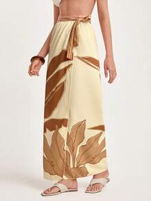 CAJUNI 女式波西米亚热带风棕色和米色印花休闲夏季沙滩泳衣罩衫纱笼裙 - 咖啡棕 - 查看 4