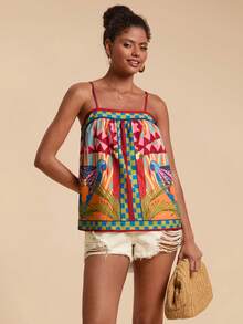 Travachic 女士度假印花宽松吊带背心，热带风情上衣，度假沙滩装上衣，时尚沙滩上衣，休闲度假，夏季假期，春假，派对，海滩，春季，情人节，墨西哥风情上衣，波西米亚风女式上衣 - 彩色 - 查看 4
