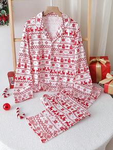 1 Set Teen Girls' Christmas Red Fair Isle Snowman & Deer Print Flame Retardant Cardigan Long Sleeve & Pants Pajama Set