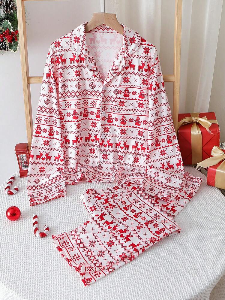 1 Set Teen Girls' Christmas Red Fair Isle Snowman & Deer Print Flame Retardant Cardigan Long Sleeve & Pants Pajama Set - Red - View 1