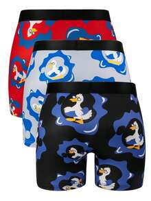 Notgurli 3pcs Set Men's Elastic Comfortable Swim Trunks With Cartoon Inflatable Duck & Swimming Ring Graphic Print, Illustration Style - Multicolor - View 2