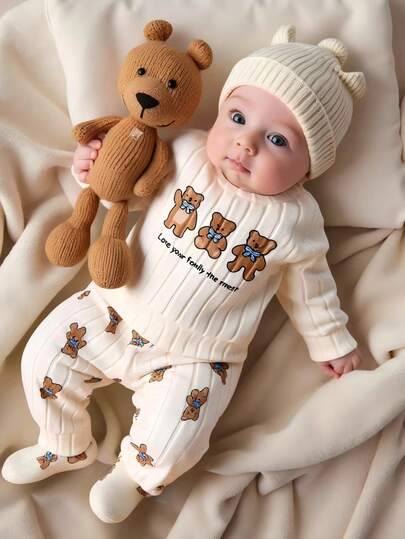 Conjunto de 2 piezas de top de manga larga estampado con figura de oso de color albaricoque y pantalones estampados para recién nacidos. Nuevo estilo de otoño. Tela cómoda, estilo lindo y casual. Apto para niños y niñas.