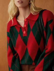 Elnivra Áo len chui đầu tay dài cổ polo kiểu Pháp, họa tiết kim cương, thiết kế cài nửa nút, màu kaki, dành cho nữ, mùa thu/đông - Đỏ - Xem 7