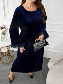 Modelyn Plus Size Women's Solid Color Round Neck Long Sleeve Furry Patchwork Loose Elegant Dress - Royal Blue - View 5