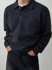 DAZY Áo len dài tay cổ polo màu trơn thường ngày cho nam, mùa thu - Màu xanh lam - Xem 3