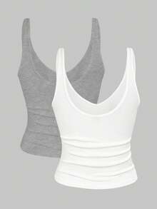 INAWLY Bộ 2 áo hai dây cổ chữ V màu trơn ôm sát dành cho nữ, mùa hè - Nhiều màu - Xem 2