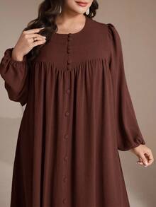 Veilorie Große Größen Damen Einfarbiges Einreihiges Kleid mit Rundhalsausschnitt, Ballonärmeln und weiter arabischer Silhouette