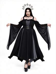 Whyspr Plus Size Women's Gothic Style Color Block Cinched Waist Long Dress - Grey - View 5