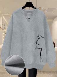 Calvaya Sudadera de cuello redondo gruesa y cálida con estampado de gatito para mujer