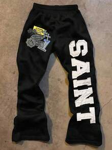 Manfinity Dauomo 男士休闲字母印花运动裤，秋冬 - 黑色 - 查看 3