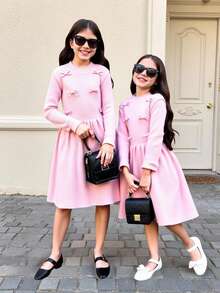 SHEIN Tween Girl Elegant Solid Color Bow Decor Knit Dress - Pink - View 3