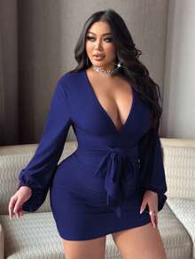 NU&NOW Vestido de Día de San Valentín con mangas de farol y pliegues en rojo para mujer de talla grande