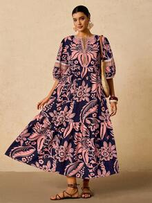 Travachic Váy maxi in họa tiết cây nhiệt đới màu hồng và xanh lá cây cỡ lớn dành cho nữ, váy dài tay rộng rãi, cổ chữ V, thắt nơ, đầu thu - Màu xanh hải quân - Xem 5