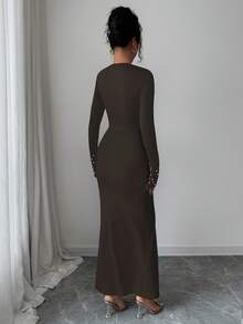 Elenzga 秋冬新款优雅淑女珍珠装饰腰部褶饰修身精致优雅高端黑白撞色设计连衣裙，适合生日派对、宴会、约会 - 棕色 - 查看 2