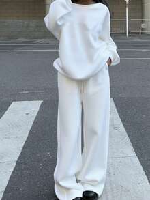 SHEIN EZwear 2 件套女士宽松露肩运动衫和阔腿运动裤套装，厚保暖内衬，适合秋冬、秋季 - 白色 - 查看 4