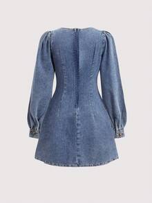 SHEIN Tween Girls Elegant Vinatge Square Neck Blue Denim Dress Fall Winter,Casual And Versatile For Girls Fall/Winter Dailywear And Streetwear Outfits,For Girls Halloween And Christmas Outfits,Girls New Year Clothes,Thanksgiving Outfit For Girls,Elegant Party Dresses For Girls,Girls Winter Dress,Tween Denim Clothes,Winter Clothes, Elegant Dress - Medium Wash - View 3