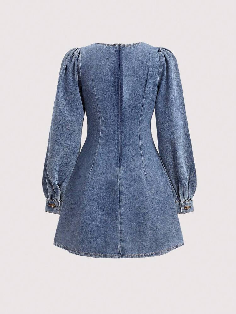 SHEIN Tween Girls Elegant Vinatge Square Neck Blue Denim Dress Fall Winter,Casual And Versatile For Girls Fall/Winter Dailywear And Streetwear Outfits,For Girls Halloween And Christmas Outfits,Girls New Year Clothes,Thanksgiving Outfit For Girls,Elegant Party Dresses For Girls,Girls Winter Dress,Tween Denim Clothes,Winter Clothes, Elegant Dress - Medium Wash - View 3