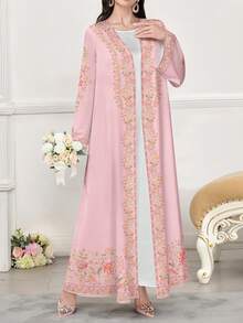 SHEIN Najma Women's Floral & Plant Digital Print Long Sleeve Casual Arabic Abaya, Spring/Autumn