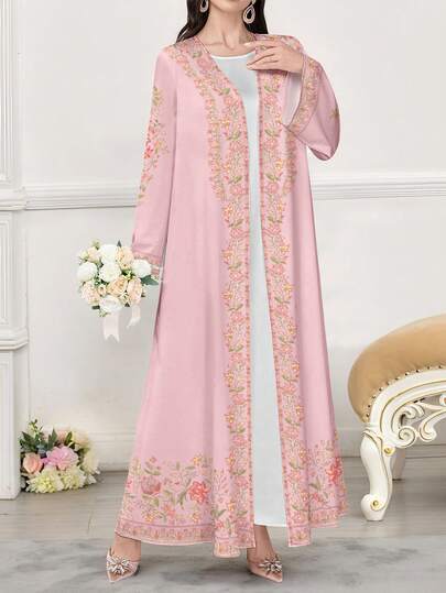 SHEIN Najma Áo choàng Abaya Ả Rập dài tay in họa tiết kỹ thuật số hoa và cây cối cho nữ, mùa xuân/thu
