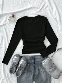 Teen Girl Black Ribbed Long Sleeve Top,Autumn Casual Graduation Style Solid Color Pleated Cozy Winter Layers For New Year,Daily,Celebration,Stylish - Black - View 2