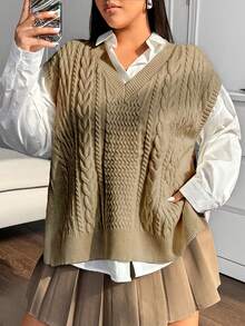Flirla 大码女式 V 领休闲针织背心，带麻花图案和侧开衩下摆，秋冬 - 卡其色 - 查看 4
