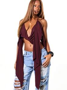 SUMWON WOMEN 垂坠式挂脖围脖上衣露背网眼节日夏季俱乐部派对度假海滩罩衫 - 酒紅色 - 查看 4