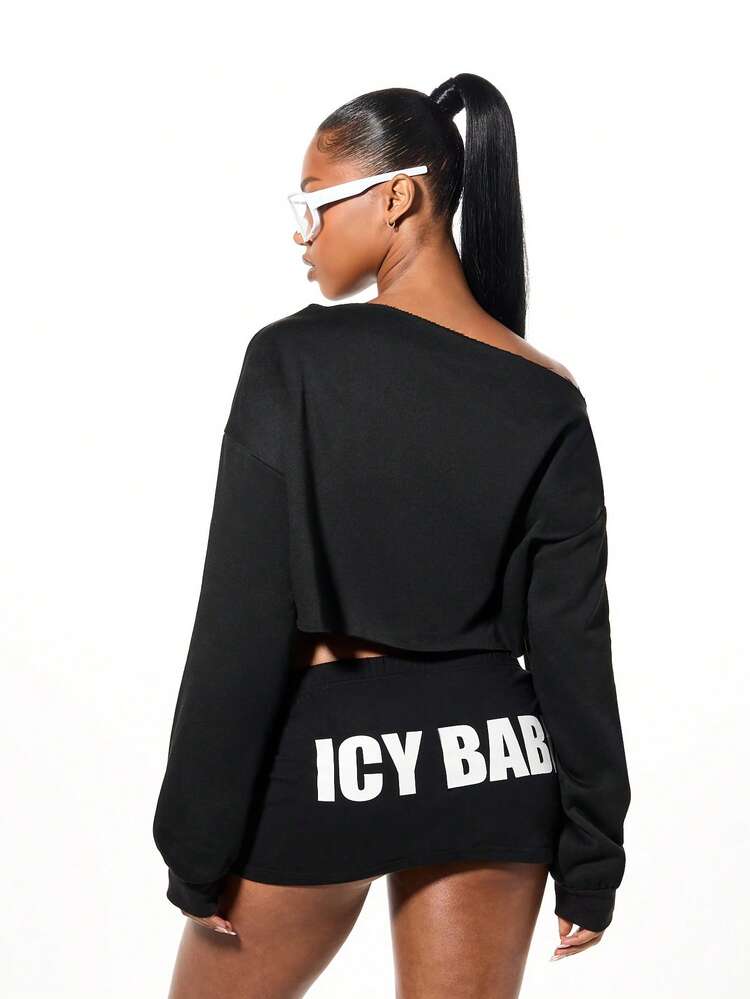 SUMWON WOMEN オフショルダー クロップド スウェットシャツ アイシーベイブプリントステートメントプルオーバー 長袖 ウィンター カジュアルトップス