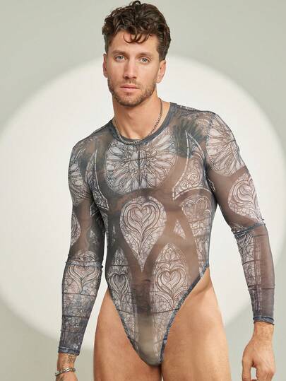 FeverCity Body de manga larga con cuello redondo y estampado de malla para hombre