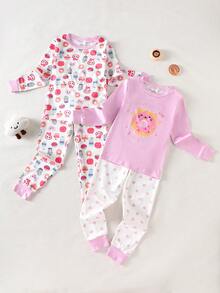 4pcs Girls Cartoon Graphic Long Sleeve Top And Leggings Casual Comfortable Homewear Set, Spring/Autumn Girls Cute Set Girl Sleep Wear Pjamas Set Summer For Girl Kid Girl Pajama Sets Cute Sleepwear,Snug Fit - Pink - View 4