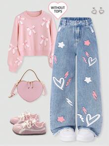 ChillGRL Tween Girls' Sweet & Cute Casual Fashion Washed Blue High Waist Elastic Waistband Five-Pointed Star & Heart Print Wide Leg Jeans, Suitable For Daily School, Weekend Outing, And Party Occasions
