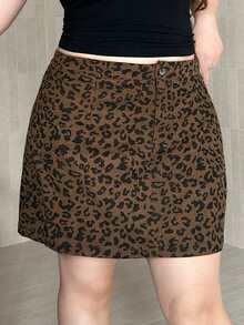 Dazy Plus Leopard Print Mini A-Line Skirt With Elastic Waist, Corduroy Fabric, Autumn/Winter - Brown - View 1