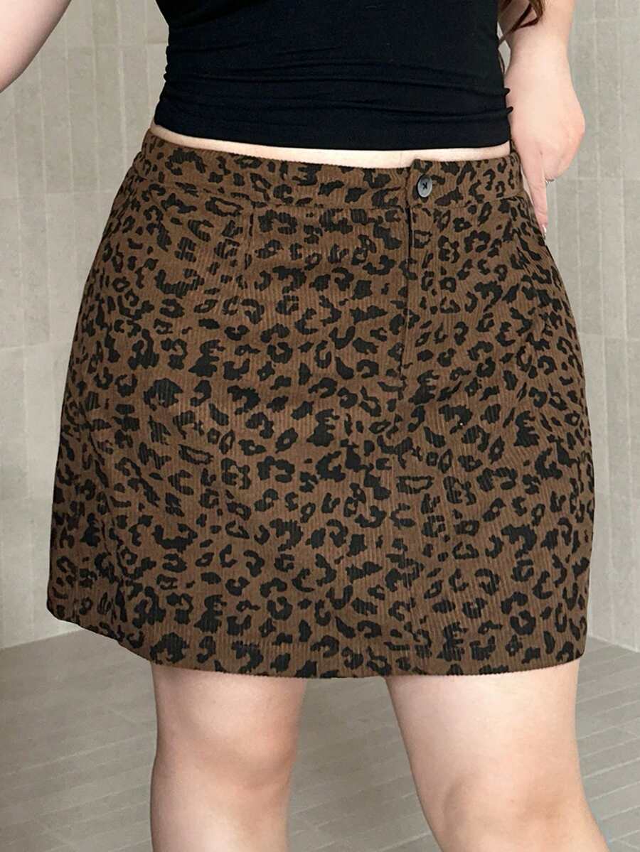 Dazy Plus Leopard Print Mini A-Line Skirt With Elastic Waist, Corduroy Fabric, Autumn/Winter - Brown - View 1