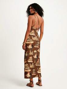 CAJUNI Women's Casual Vacation Asymmetric Mushroom Print Dress, Suitable For Dates, Boho Style, Brown Dress Brown Dress, One Shoulder Dresses, Brown Bodycon Dress, Brown Dress Women - Coffee - View 6