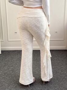 CovetEZ 加大码 Y2K 喇叭裤，荷叶边下摆，蕾丝边，适合秋冬季节假期和约会穿着 - 杏色 - 查看 2