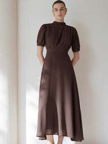 Aveloria Modichic 优雅女士雪纺连衣裙，褶皱胸部设计，公主袖，收腰喇叭裙，简约风格，通勤百搭，及膝长度 - 咖啡 - 查看 3