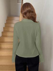 SHEIN LUNE 冬季白衬衫办公室工作服衬衫 100% 纯棉 - 綠色 - 查看 2