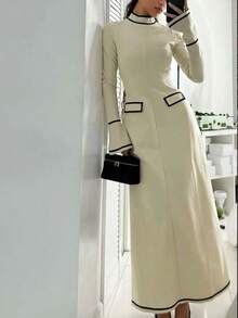 Siren Gaze 女士撞色镶边连衣裙、优雅办公室长袖连衣裙、鸡尾酒会晚礼服 - 杏色 - 查看 6