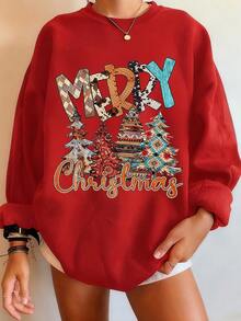 EMERY ROSE 女式圣诞树印花圆领落肩长袖休闲宽松运动衫，秋冬 - 紅色 - 查看 1