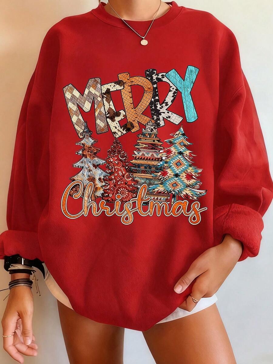 EMERY ROSE 女式圣诞树印花圆领落肩长袖休闲宽松运动衫，秋冬 - 紅色 - 查看 1