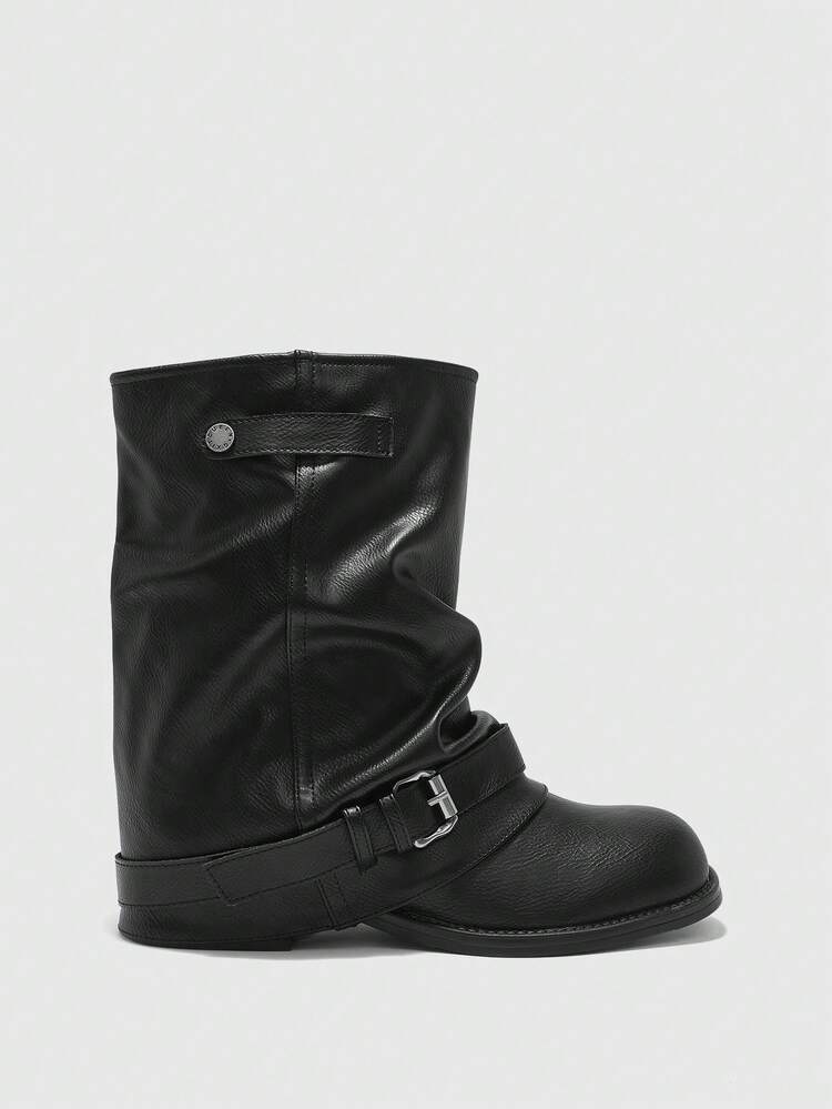 CUCCOO BIZCHIC Black Mid-Calf Motorcycle Boots | Adjustable Buckle Strap | Soft Wrinkled Leather | Comfortable Chunky Heel | 2 Pairs, Premium Leather-Look