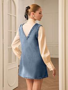 Aveloria Rosie Blue Deep V-Neck Gold Thread Woven Trim Decor Luxurious Faux Suede Party Dress, Minimalist Design, Sleeveless, Versatile