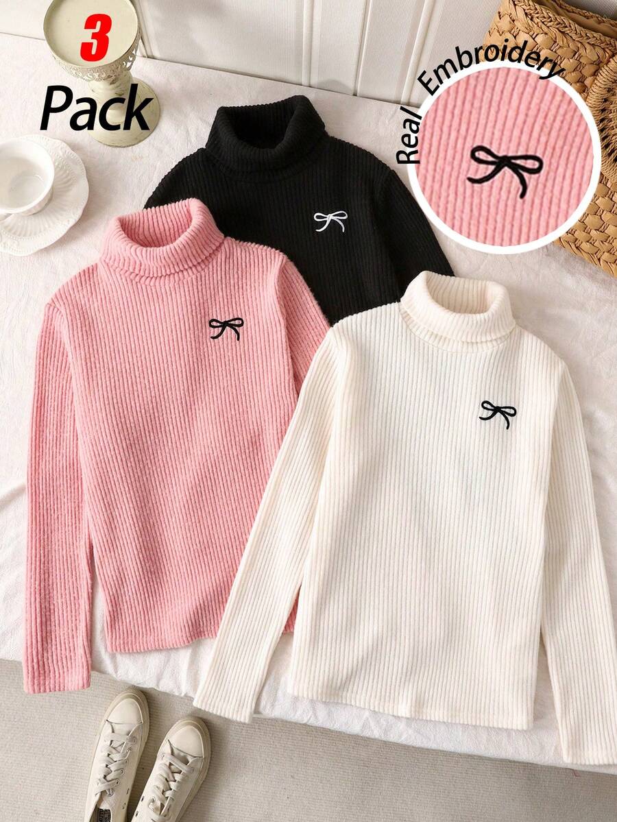 SHEIN 3件套 少女休闲罗纹针织刺绣蝴蝶结高领修身T恤，加厚保暖内衬，秋冬女童套头衫 - 彩色 - 查看 1