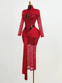 Mistrie 女式长袖镂空扭纹设计性感蕾丝紧身连衣裙 - 紅色 - 查看 5