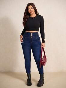 Elaquor 大码纯色简约高腰牛仔裤，日常穿着 - 深色水洗藍 - 查看 5