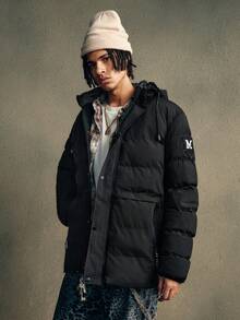 AXEPEAK Men's Letter Graphic Zip-Up Casual Loose Fit Hooded Long Sleeve Coat, Winter - Black - View 1