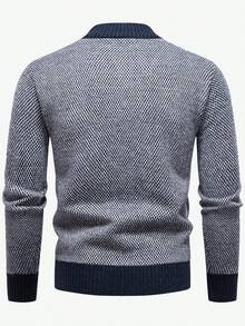 Manfinity Mode 男士保暖内衬撞色滚边半拉链套头毛衣，长袖针织衫，适合秋冬季穿着，藏蓝色，四分之一拉链毛衣 - 灰色 - 查看 2