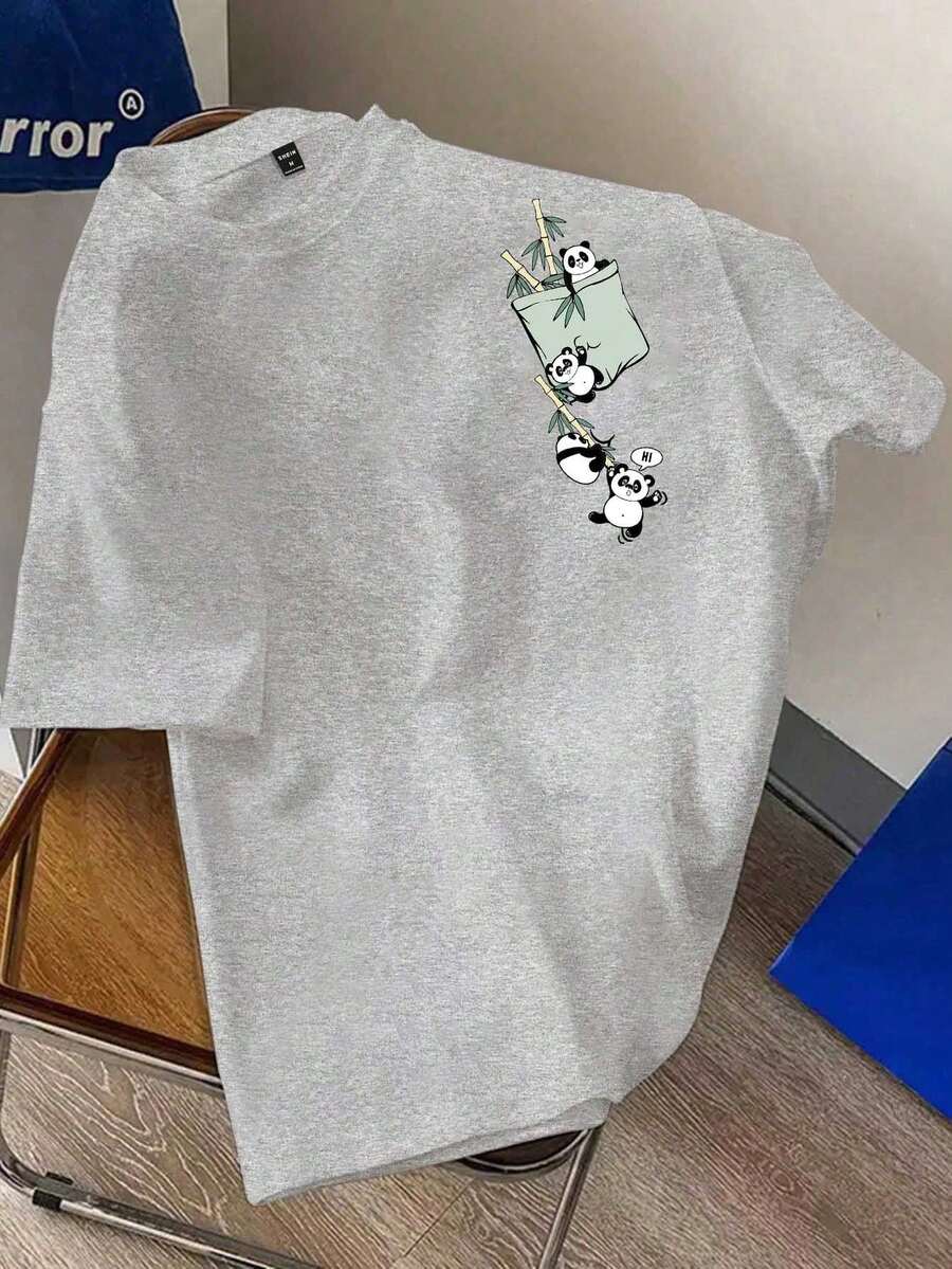 OldRiff 男士休闲熊猫印花圆领短袖修身T恤，夏季 - 淺灰色 - 查看 1