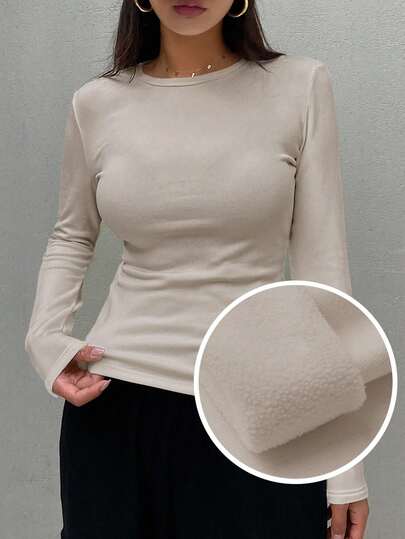 FRIFUL Camiseta ajustada de unicolor con forro térmico para mujer, otoño/invierno