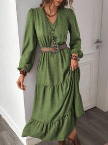 EMERY ROSE Damska jesienna sukienka w stylu boho, casualowa, w stylu wakacyjnym, w kolorze rdzawobrązowym, z dekoltem w serek i długim rękawem, w patchworkowym stylu - Wojskowa Zieleń - Zobacz 7